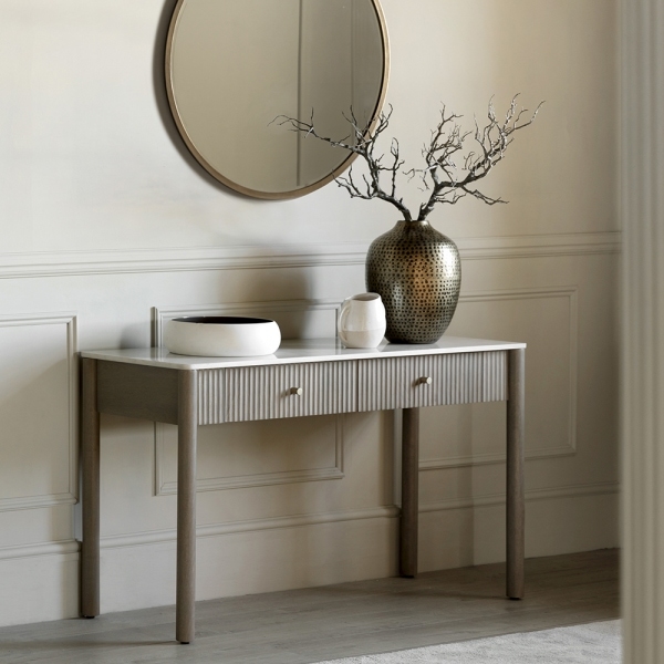 Arno Console Table, Grey Mango Wood & White Marble