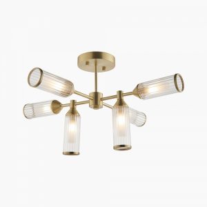 Aster Flush Ribbed Glass Ceiling Light, Brass