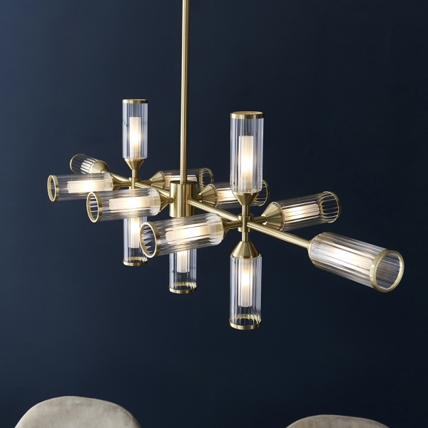 Aster Ribbed Glass Linear Pendant Chandelier, Brass