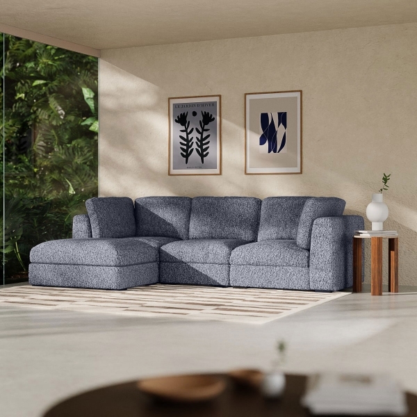 Brigitte 3 Seater L Shape Sofa, Blue Chenille