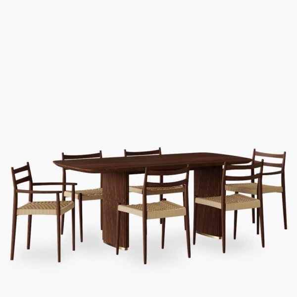 Caleb 6 Chairs Dining Set, Natural Weave & Walnut