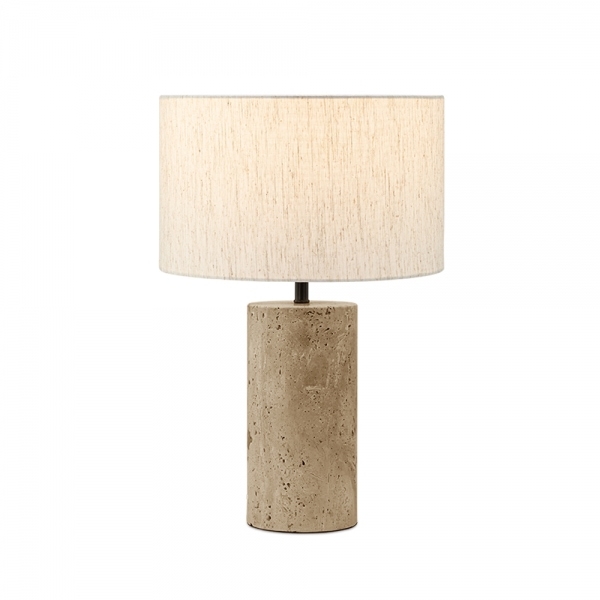 Emberlyn Table Lamp, White Linen & Travertine