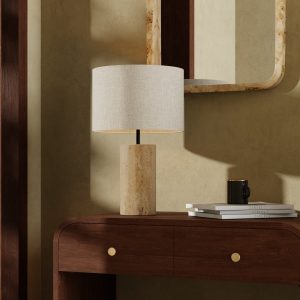 Emberlyn Table Lamp, White Linen & Travertine