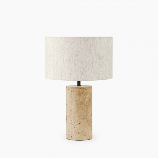 Emberlyn Table Lamp, White Linen & Travertine