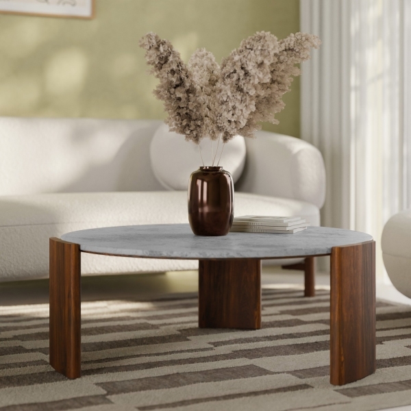 Emil Round Coffee Table, Dark Mango Wood & Grey Marble