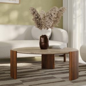 Emil Round Coffee Table, Dark Mango Wood & Travertine