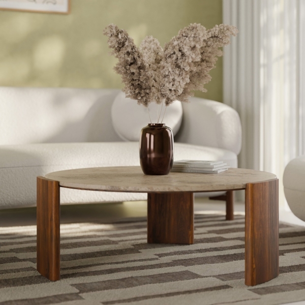 Emil Round Coffee Table, Dark Mango Wood & Travertine