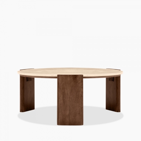 Emil Round Coffee Table, Dark Mango Wood & Travertine