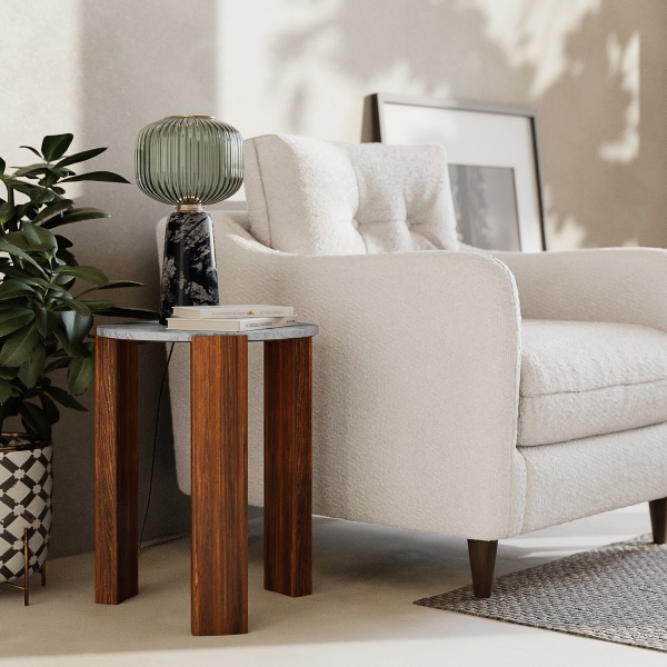 Emil Round Side Table, Dark Mango Wood & Grey Marble