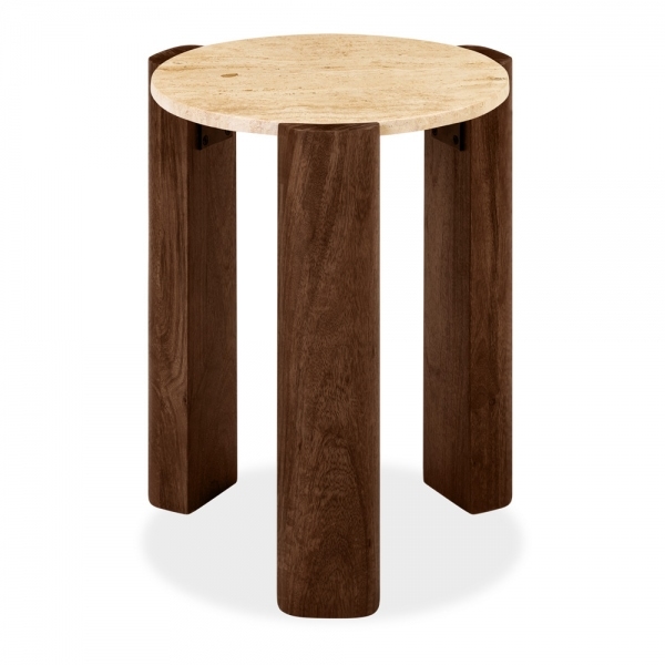 Emil Round Side Table, Dark Mango Wood & Travertine