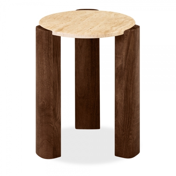 Emil Round Side Table, Dark Mango Wood & Travertine
