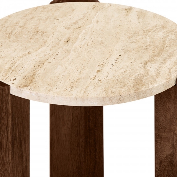 Emil Round Side Table, Dark Mango Wood & Travertine