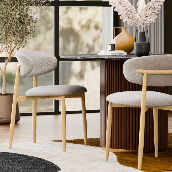Halston Dining Chair, Speckled Stone Sustainable Boucle & Oak Effect