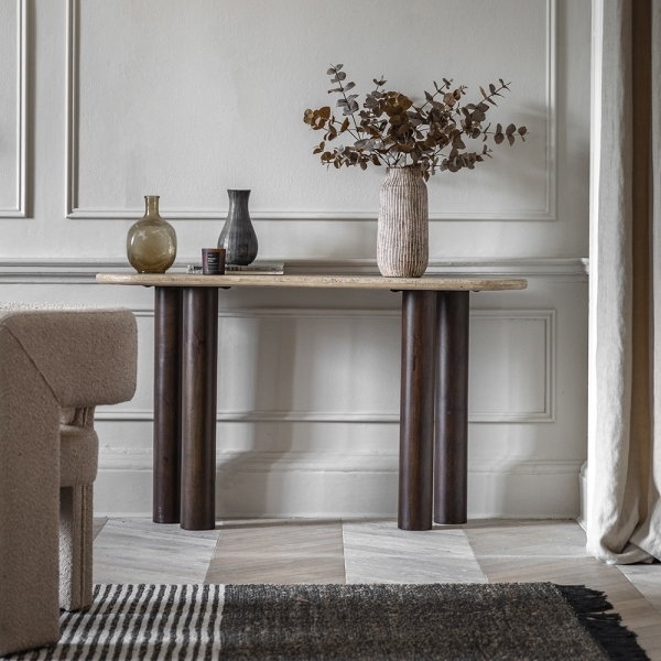 Inca Console Table, Dark Mango Wood & Travertine