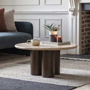 Inca Round Coffee Table, Dark Mango Wood & Travertine