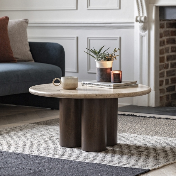 Inca Round Coffee Table, Dark Mango Wood & Travertine