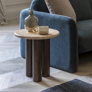 Inca Round Side Table, Dark Mango Wood & Travertine