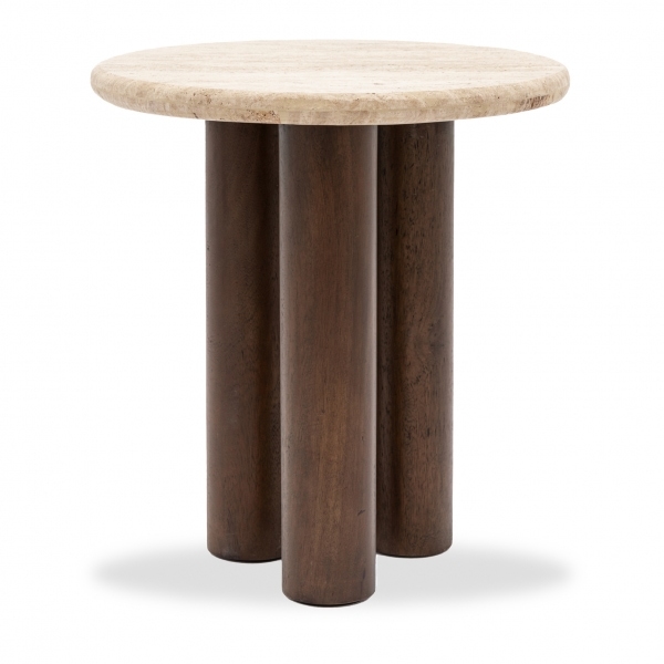 Inca Round Side Table, Dark Mango Wood & Travertine