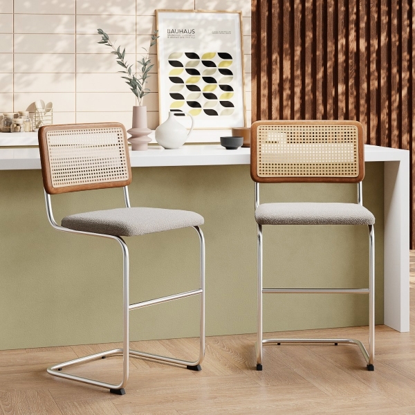 Kenton Bar Stool, Speckled Stone Sustainable Boucle & Chrome