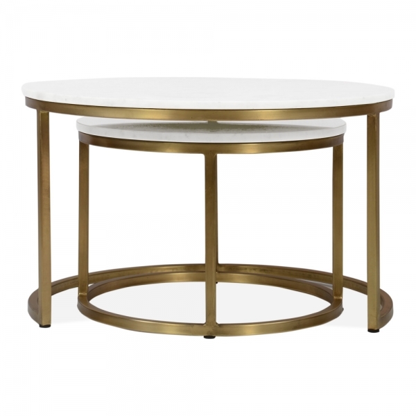 Madison Set of 2 Nesting Coffee Tables, White Marble & Brass