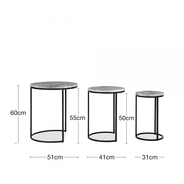 Madison Set of 3 Nesting Side Tables, Grey Marble & Black