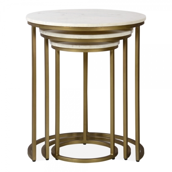 Madison Set of 3 Nesting Side Tables, White Marble & Brass