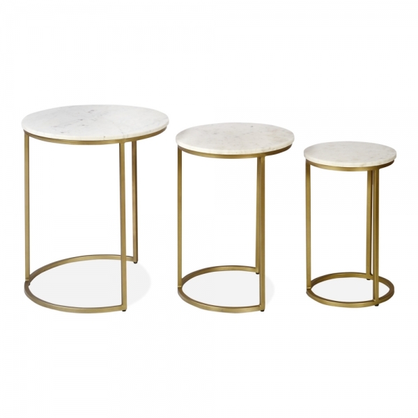 Madison Set of 3 Nesting Side Tables, White Marble & Brass
