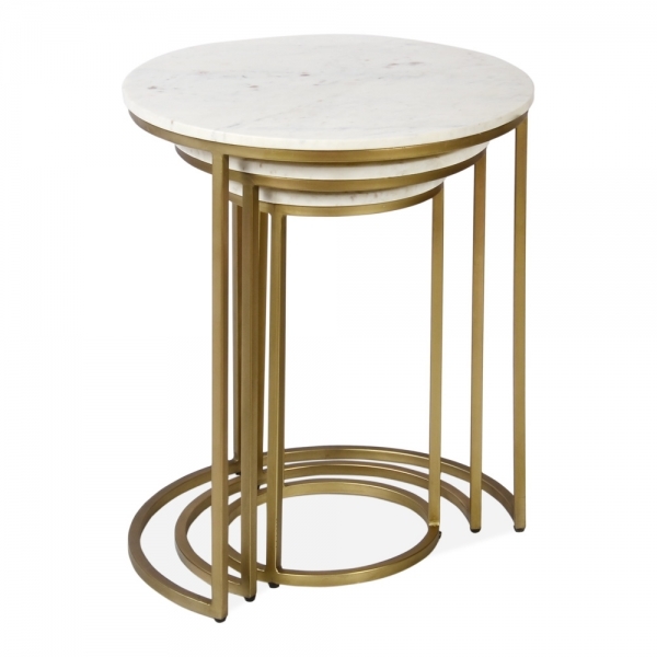 Madison Set of 3 Nesting Side Tables, White Marble & Brass