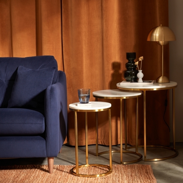 Madison Set of 3 Nesting Side Tables, White Marble & Brass