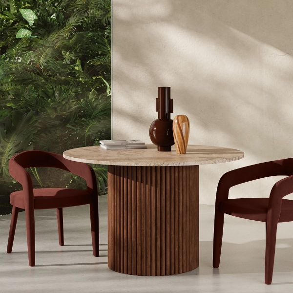 Medby & Ophelia 4 Chairs Dining Set, Travertine & Rust Sustainable Velvet
