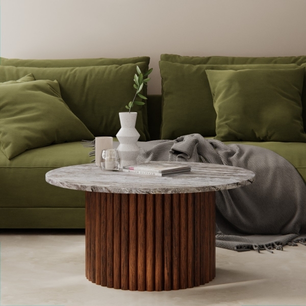 Medby Round Coffee Table, Dark Mango Wood & Grey Marble