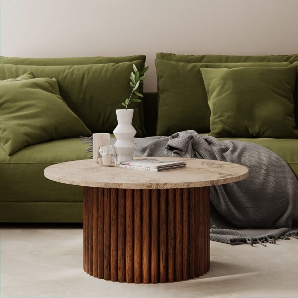 Medby Round Coffee Table, Dark Mango Wood & Travertine