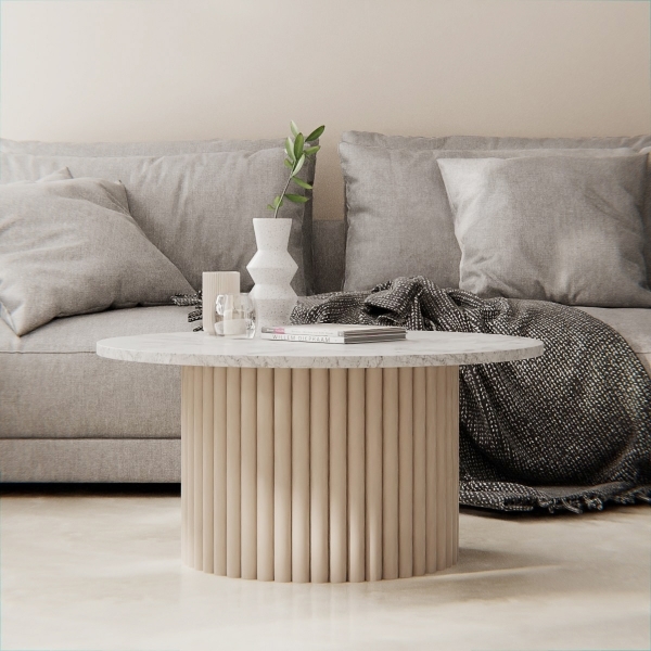 Medby Round Coffee Table, Taupe Mango Wood & White Marble