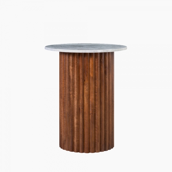 Medby Round Side Table, Dark Mango Wood & Grey Marble