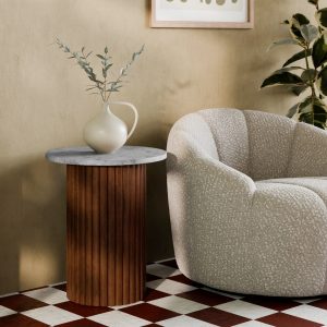 Medby Round Side Table, Dark Mango Wood & Grey Marble