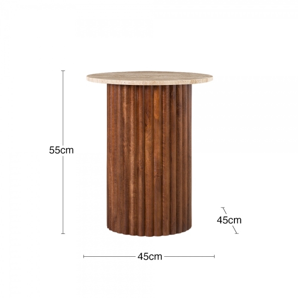 Medby Round Side Table, Dark Mango Wood & Travertine