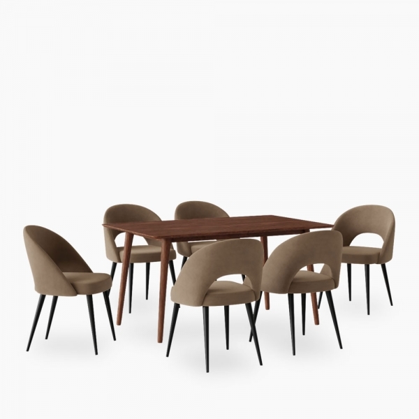 Milton & Lucille 6 Chairs Dining Set, Walnut & Taupe Sustainable Velvet