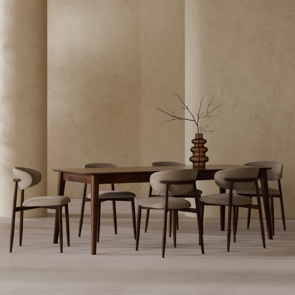 Montreux & Halston 6 Chair Dining Set, Walnut & Latte Sustainable Fabric