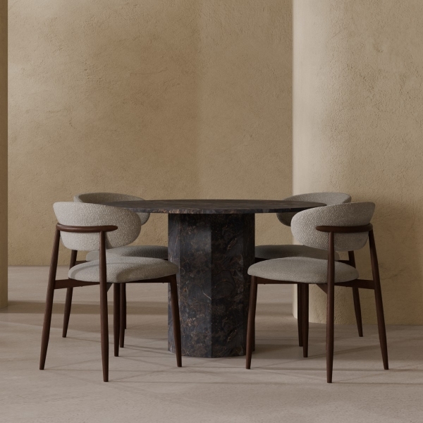 Naxos & Halston 4 Chair Dining Set, Onyx Black Marble & Speckled Stone Sustainable Boucle