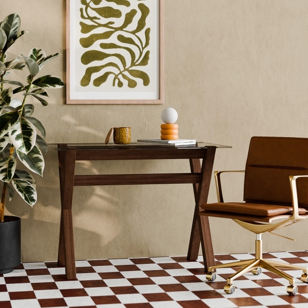 Nyra Office Desk, Glass & Walnut