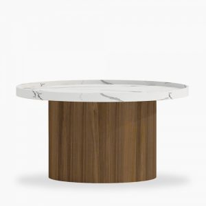 Raya Round Coffee Table, White Marble Effect & Walnut