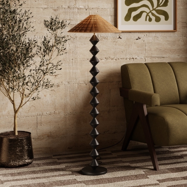 Reagan Floor Lamp, Rattan & Black
