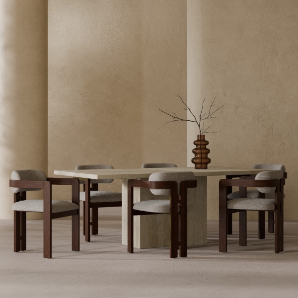 Toulouse & Hallie 6 Chair Dining Set, Travertine & Speckled Stone Sustainable Boucle