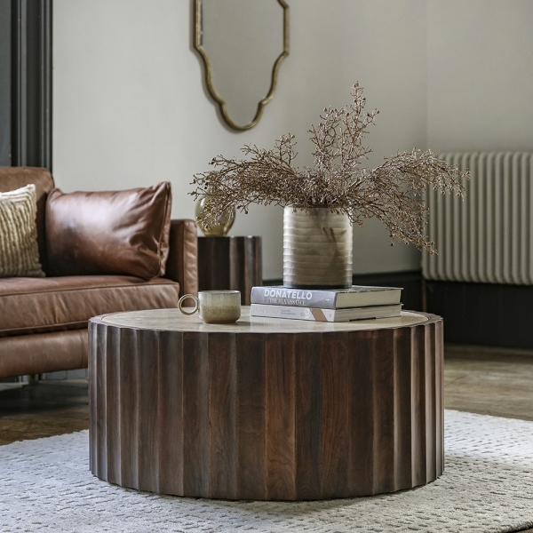 Watton Round Coffee Table, Dark Mango Wood & Travertine