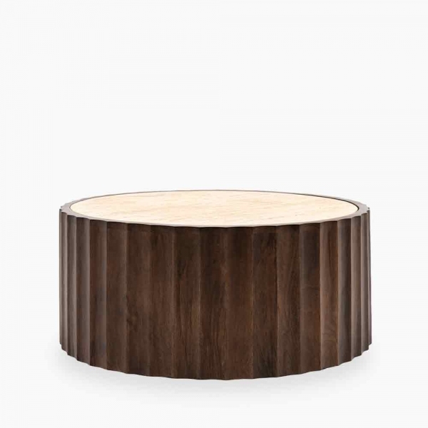 Watton Round Coffee Table, Dark Mango Wood & Travertine