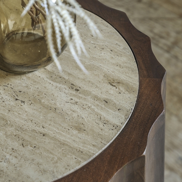 Watton Round Side Table, Dark Mango Wood & Travertine