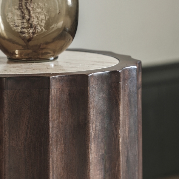Watton Round Side Table, Dark Mango Wood & Travertine