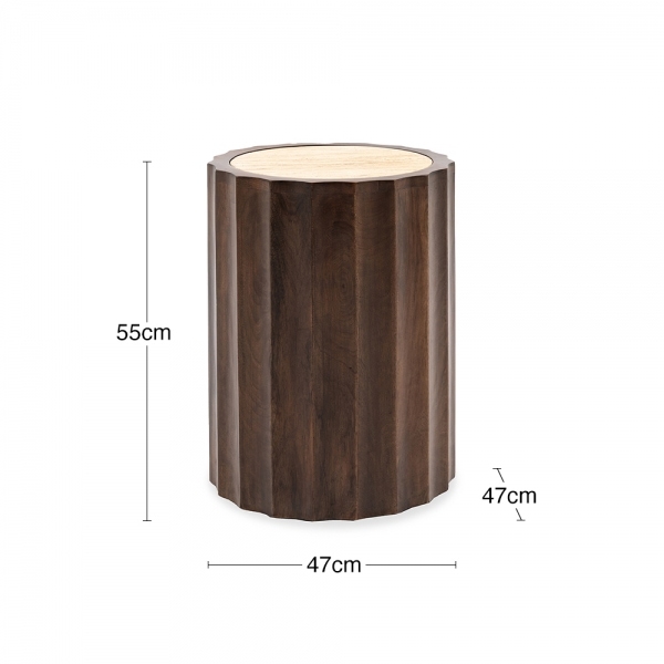 Watton Round Side Table, Dark Mango Wood & Travertine