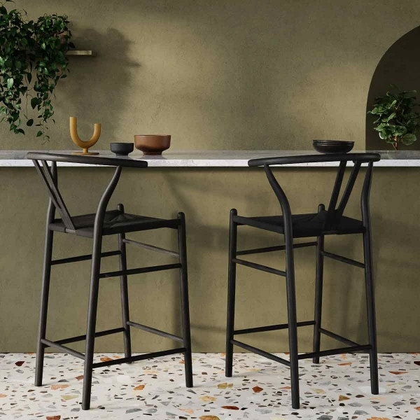 Wish Wooden Bar Stool, Black Weave & Black