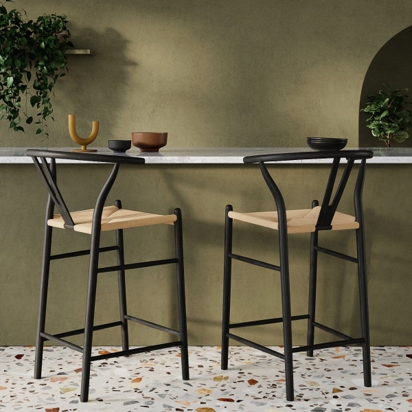 Wish Wooden Bar Stool, Natural Weave & Black